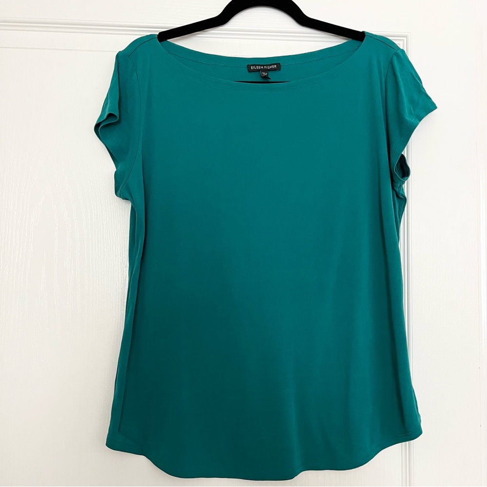 Eileen Fisher boat neck green jersey 100% silk blouse shirt top M